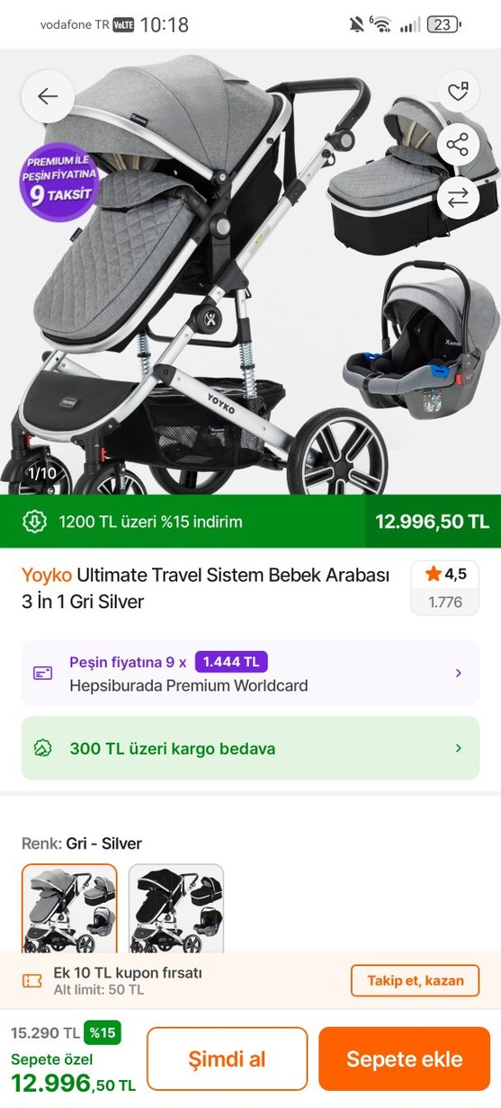 Yoyko Ultimate 3'ü 1 Arada Gri Bebek Arabası - Görsel 2