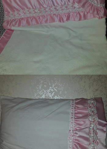 Pembe Nakışlı pike ve Yastık Kılıfı