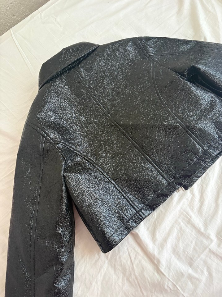 Kadın Siyah Deri Biker Ceket - Görsel 4