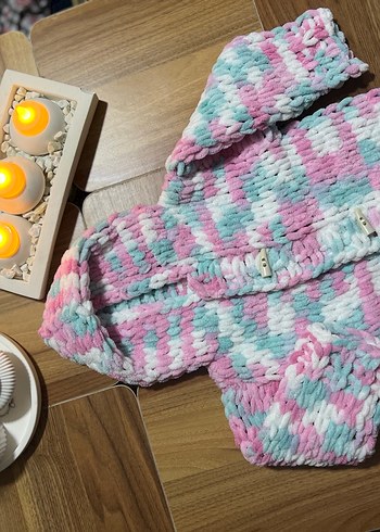 Çocuk için Çok Renkli Örgü Kapüşonlu Hırka - Görsel 4