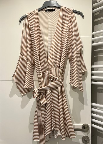 Bej Çizgili Kısa Bohem Kadın Elbise - Görsel 3