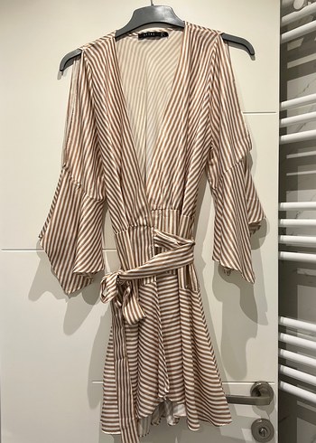 Bej Çizgili Kısa Bohem Kadın Elbise - Görsel 2