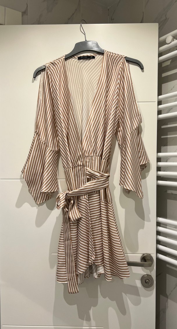 Bej Çizgili Kısa Bohem Kadın Elbise - Görsel 3