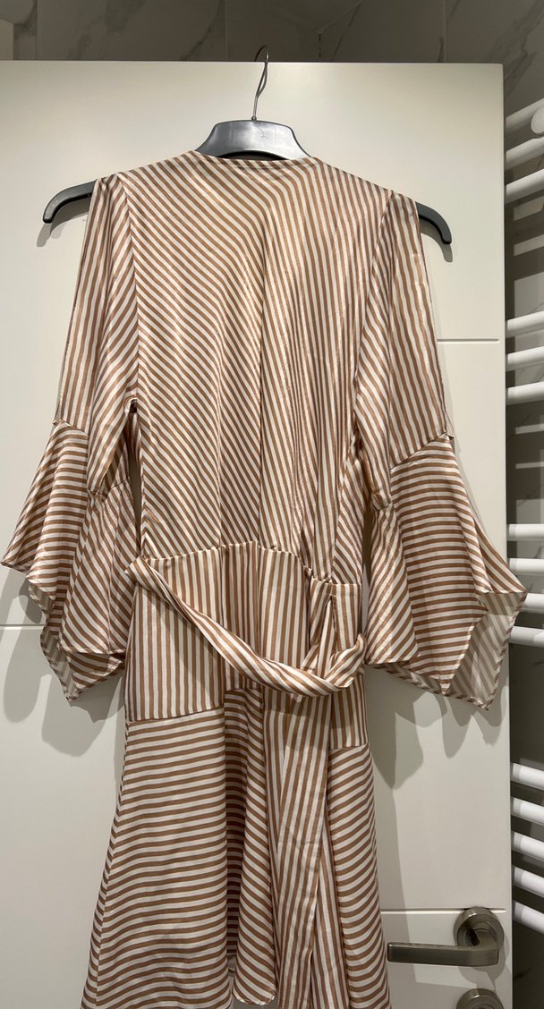 Bej Çizgili Kısa Bohem Kadın Elbise - Görsel 5