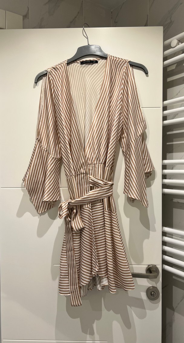 Bej Çizgili Kısa Bohem Kadın Elbise - Görsel 2