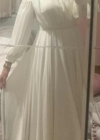 Ekru renk Uzun tesettür abiye  elbise. Aynı renk şal mevcut - Görsel 2