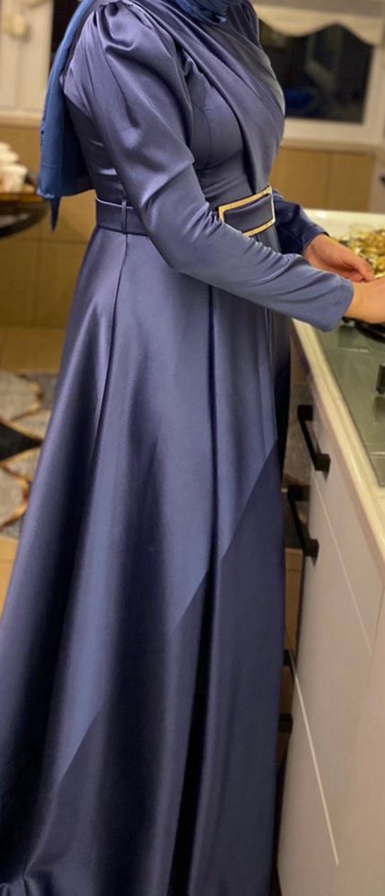 gümüş Tokalı saks mavisi  saten Uzun Kadın Abiye Elbise - Görsel 2