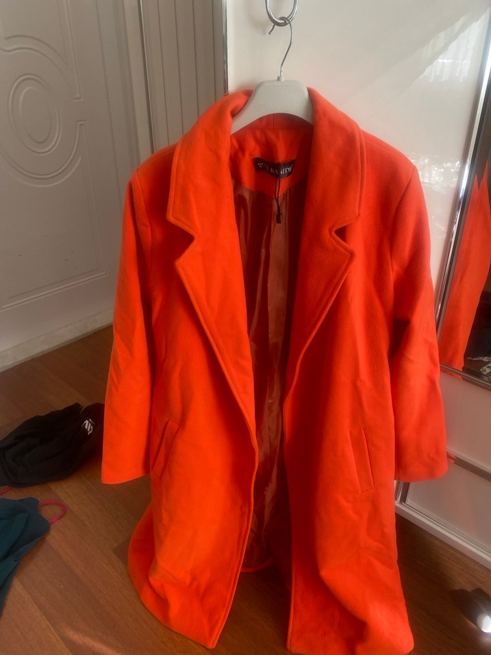 Kuşaklı kalın kaşe Uzun turuncu Kadın Kaban - Görsel 2