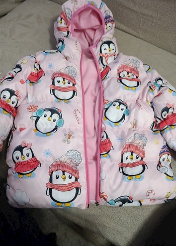 Pembe penguven desenli kız çocuk şişme mont - Görsel 2