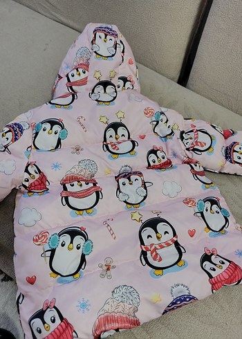 Pembe penguven desenli kız çocuk şişme mont - Görsel 6