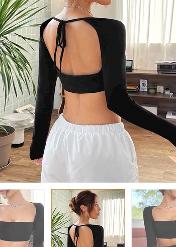 Siyah Straplez Uzun Kollu Mini Bluz - Görsel 2