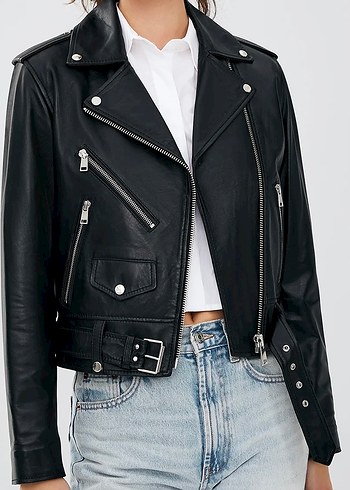 Kemerli Siyah Kadın Deri Biker Ceket - Görsel 2