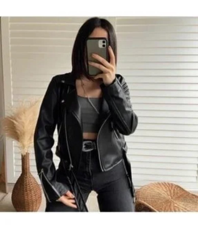 Kemerli Siyah Kadın Deri Biker Ceket - Görsel 3