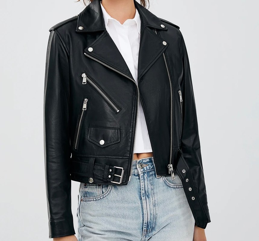 Kemerli Siyah Kadın Deri Biker Ceket - Görsel 2
