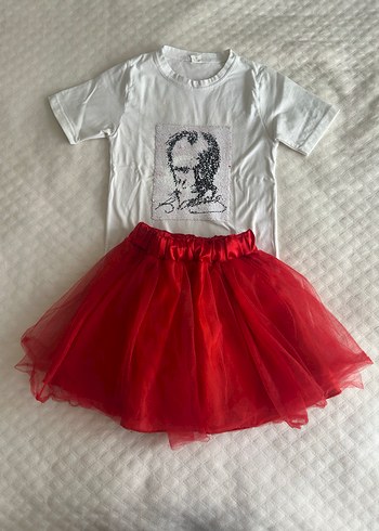 Kız Çocuk Kırmızı Nakışlı Dantel Detaylı Etek - Görsel 4