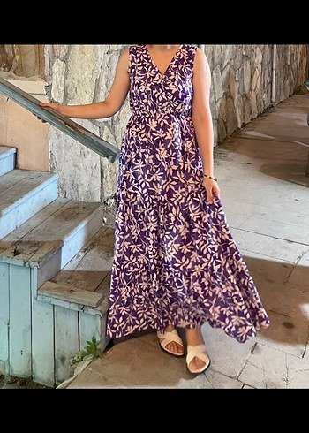 Mor Bağcıklı Uzun Bohem Elbise - Görsel 2