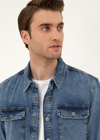 Erkek Mavi Denim Gömlek, Regular Fit, Düğmeli - Görsel 2