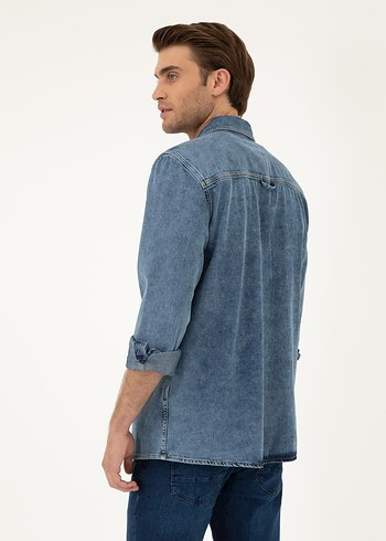 Erkek Mavi Denim Gömlek, Regular Fit, Düğmeli - Görsel 5