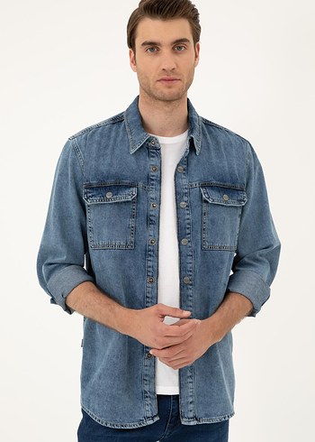 Erkek Mavi Denim Gömlek, Regular Fit, Düğmeli - Görsel 3