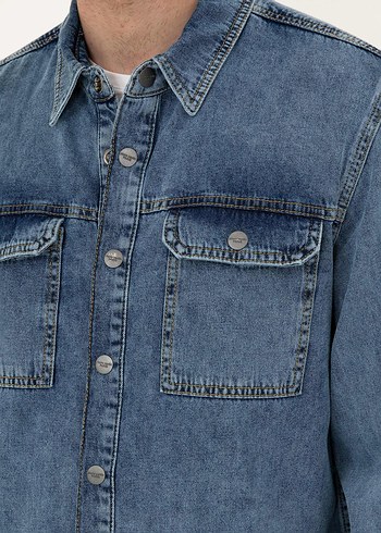 Erkek Mavi Denim Gömlek, Regular Fit, Düğmeli - Görsel 6