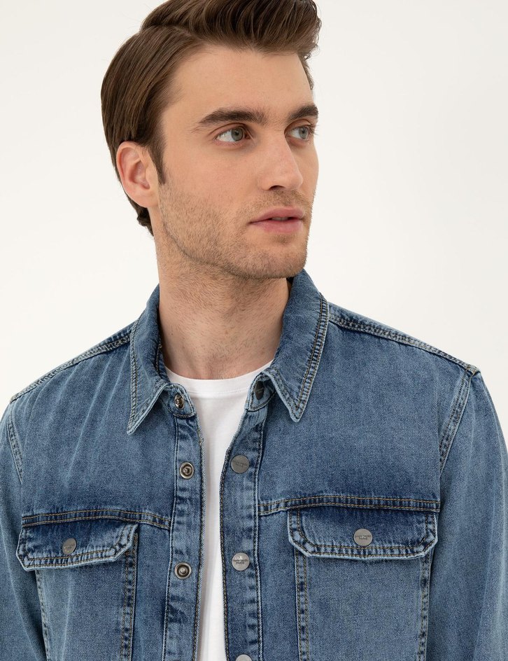 Erkek Mavi Denim Gömlek, Regular Fit, Düğmeli - Görsel 2
