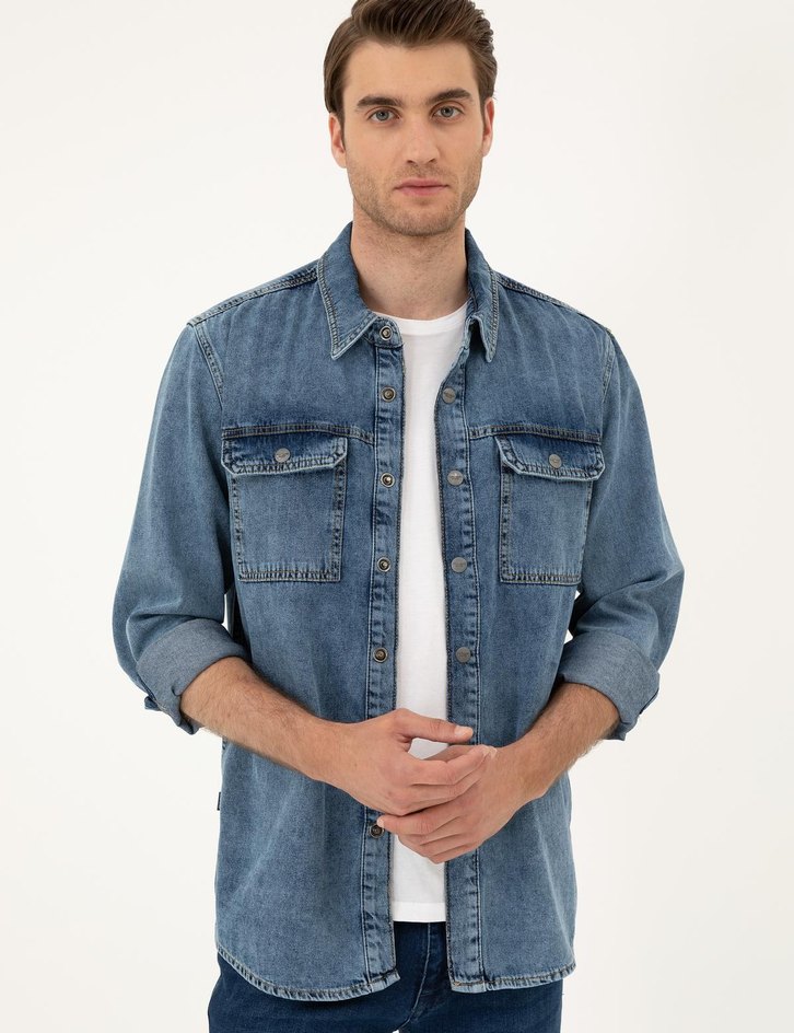 Erkek Mavi Denim Gömlek, Regular Fit, Düğmeli - Görsel 3