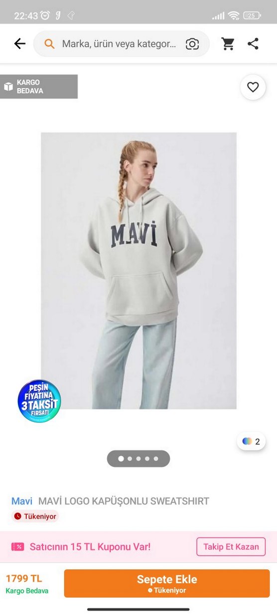 Mavi Gri Kapüşonlu Oversize Sweatshirt - Görsel 2