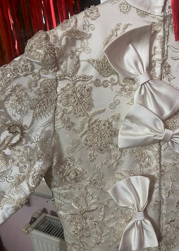 Drapeli Uzun Kollu Özel Dikim Beyaz Vintage Gelinlik - Görsel 4