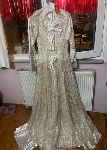 Drapeli Uzun Kollu Özel Dikim Beyaz Vintage Gelinlik - Görsel 2