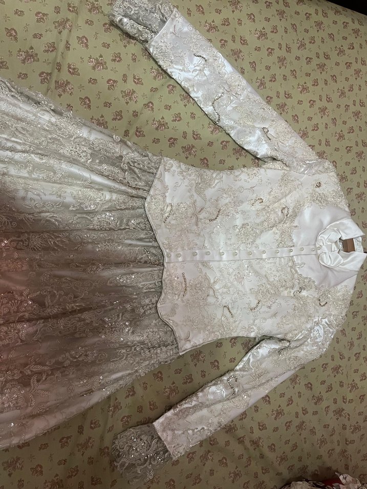 Drapeli Uzun Kollu Özel Dikim Beyaz Vintage Gelinlik - Görsel 3