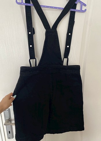 Siyah Denim Askılı Mini Salopet - Görsel 3