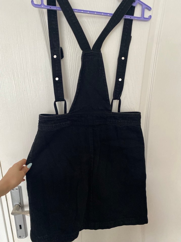 Siyah Denim Askılı Mini Salopet - Görsel 3