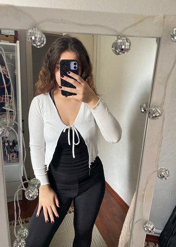 Beyaz V Yaka İnce Triko Bolero hırka - Görsel 2