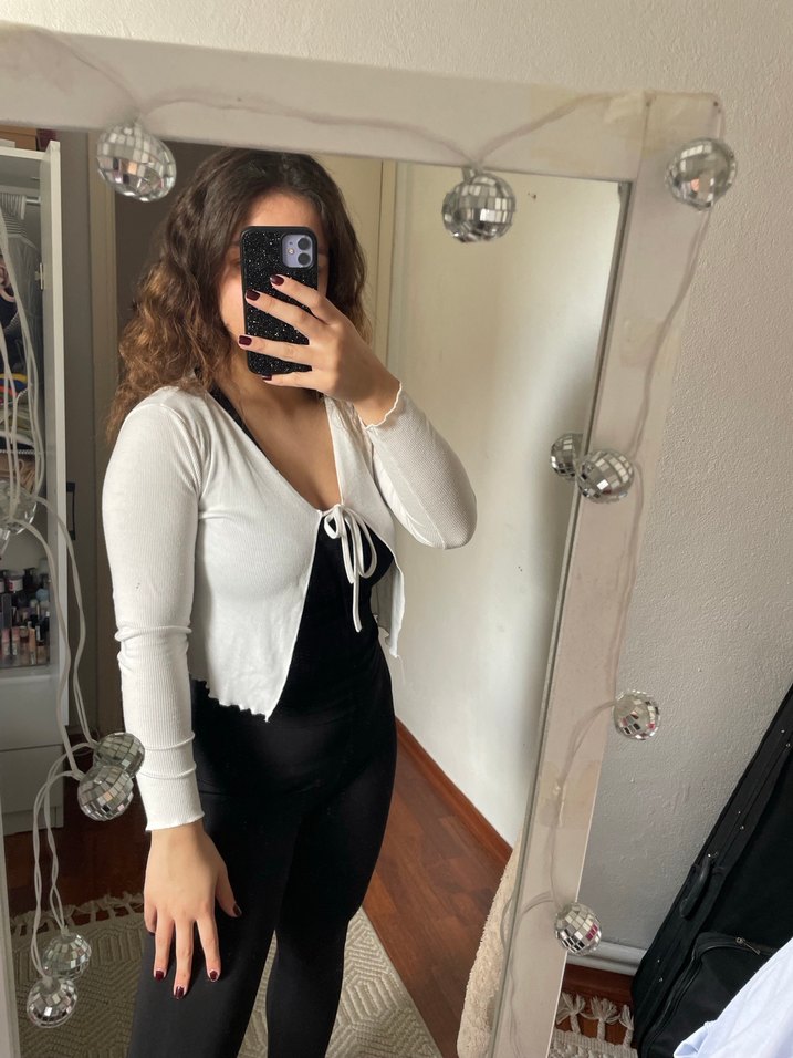 Beyaz V Yaka İnce Triko Bolero hırka - Görsel 3