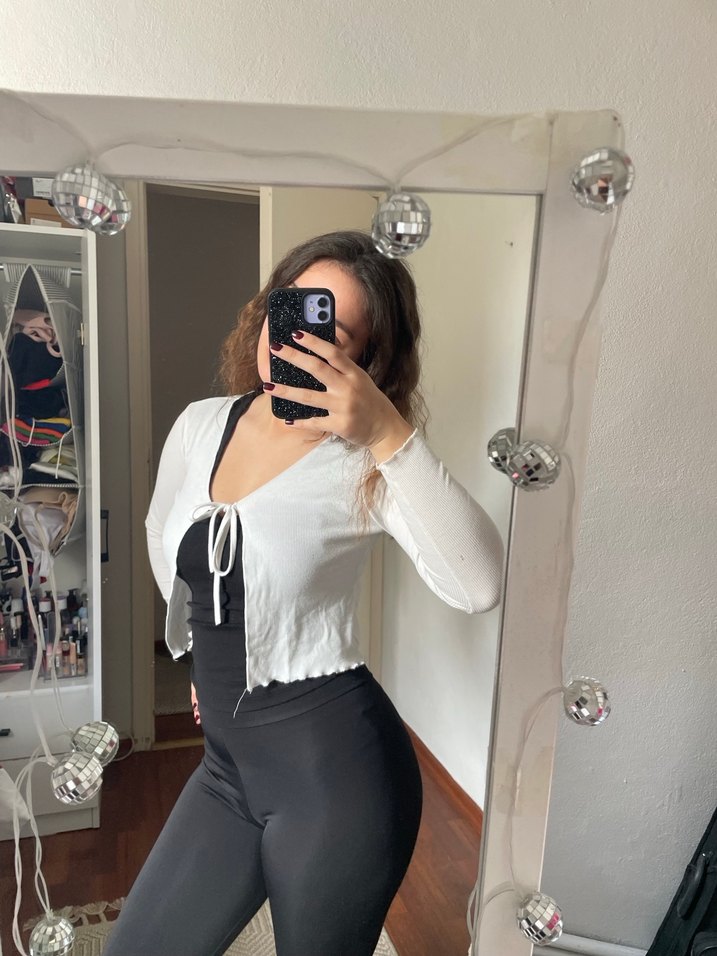 Beyaz V Yaka İnce Triko Bolero hırka - Görsel 4