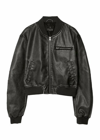 Stradivarius Siyah Suni Deri Bomber Ceket