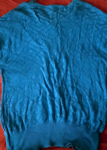 Mavi V Yaka Kısa Kollu Düğmeli Kadın Kazak - Görsel 3