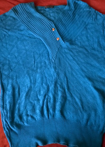 Mavi V Yaka Kısa Kollu Düğmeli Kadın Kazak - Görsel 2