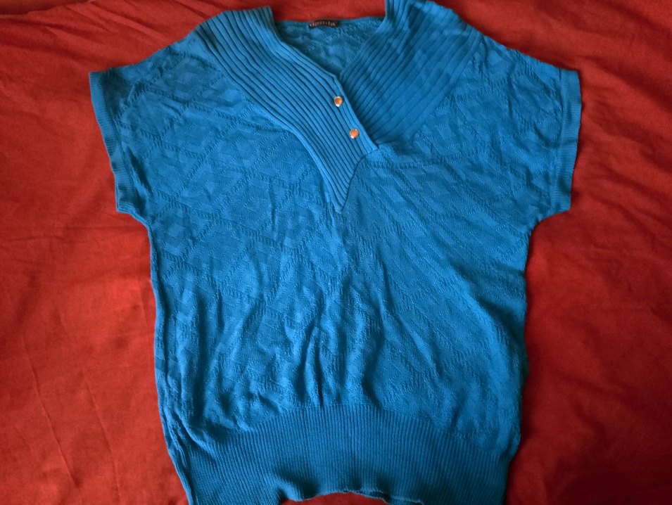 Mavi V Yaka Kısa Kollu Düğmeli Kadın Kazak - Görsel 2