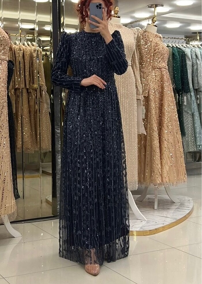 ABİYE LACİVERT, YAPRAK DESEN FUL TAŞLI - Görsel 3