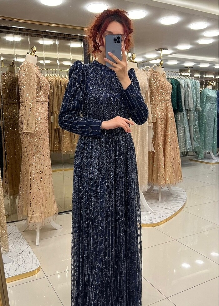 ABİYE LACİVERT, YAPRAK DESEN FUL TAŞLI - Görsel 2