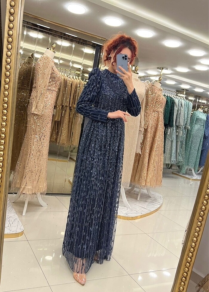 ABİYE LACİVERT, YAPRAK DESEN FUL TAŞLI - Görsel 4