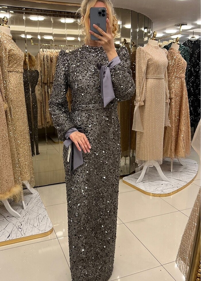 ANTRASİT RENKLİ ABİYEMİZ.KOL DETAYLI, FUL TAŞLI İŞLEMLİ ŞIK ABİY - Görsel 2