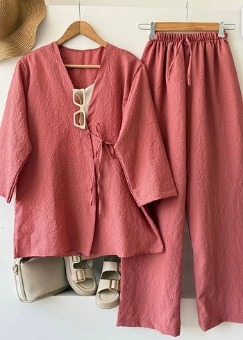 Pembe Keten Bohem Kimono ve Pantolon Takım