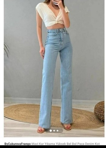 Mavi Yüksek Bel Bol Paça Denim Kot