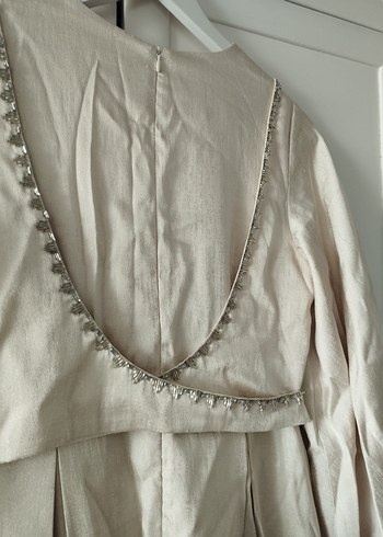 Uzun Kollu Krem Drapeli Abiye Elbise - Görsel 5