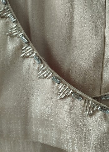 Uzun Kollu Krem Drapeli Abiye Elbise - Görsel 6