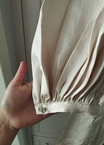 Uzun Kollu Krem Drapeli Abiye Elbise - Görsel 7