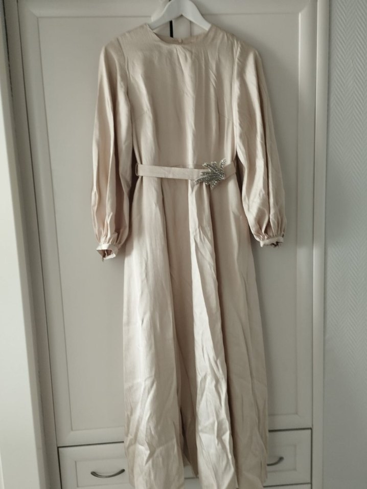 Uzun Kollu Krem Drapeli Abiye Elbise - Görsel 2