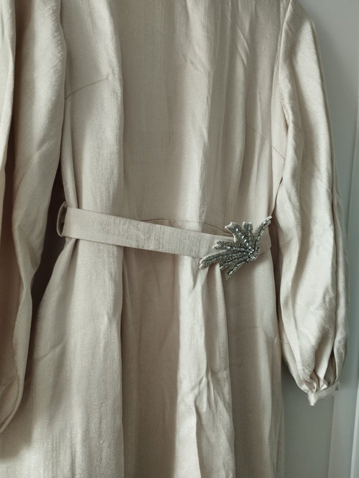 Uzun Kollu Krem Drapeli Abiye Elbise - Görsel 3